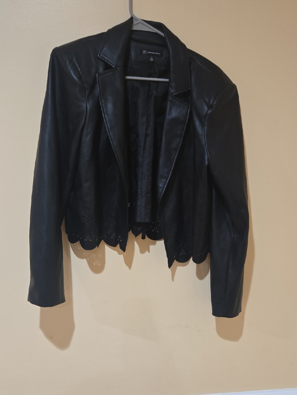INC International Concepts Black Faux Leather Cropped Jacket with Scalloped Hem